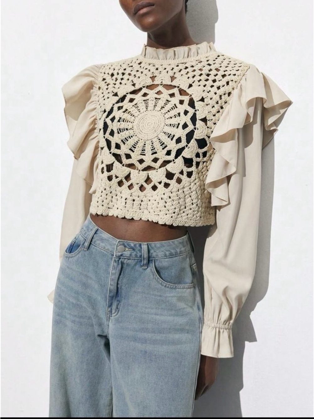Zara Cream Crochet Front Ruffle-Sleeve Crop Top